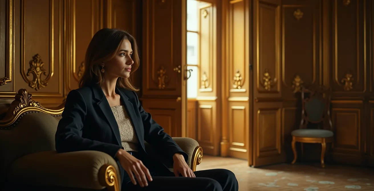 Personne contemplant une cage dorée ouverte depuis l'intérieur