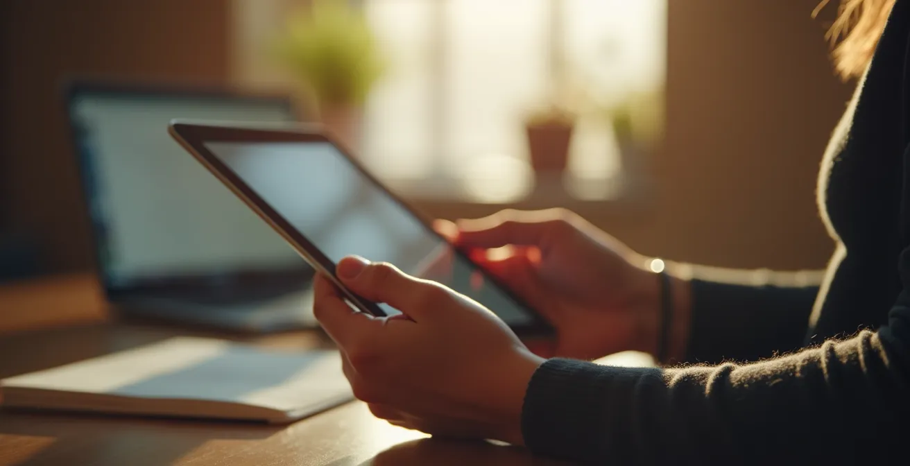 Personne consultant un calendrier de gestion documentaire sur tablette