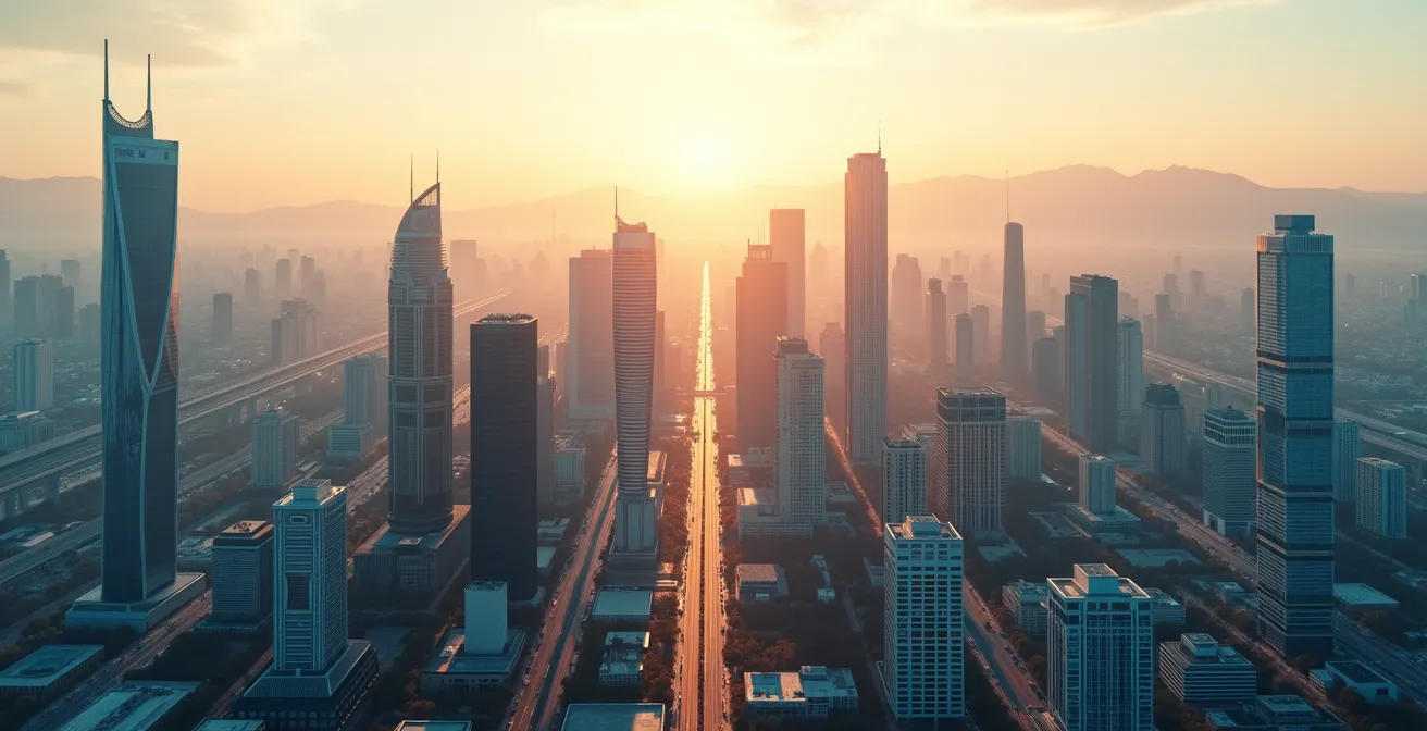 Vue aérienne d'une ville moderne divisée en cinq zones colorées distinctes représentant les territoires numériques