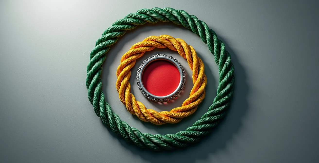 Vue abstraite de trois zones de sécurité représentées par des cercles concentriques de couleurs différentes, symbolisant les niveaux de risque des activités sur Wi-Fi.