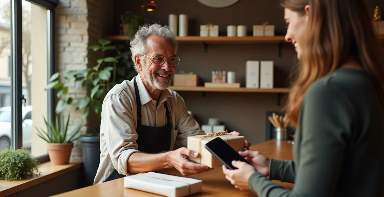 Moment chaleureux de retrait click and collect dans une boutique française de quartier