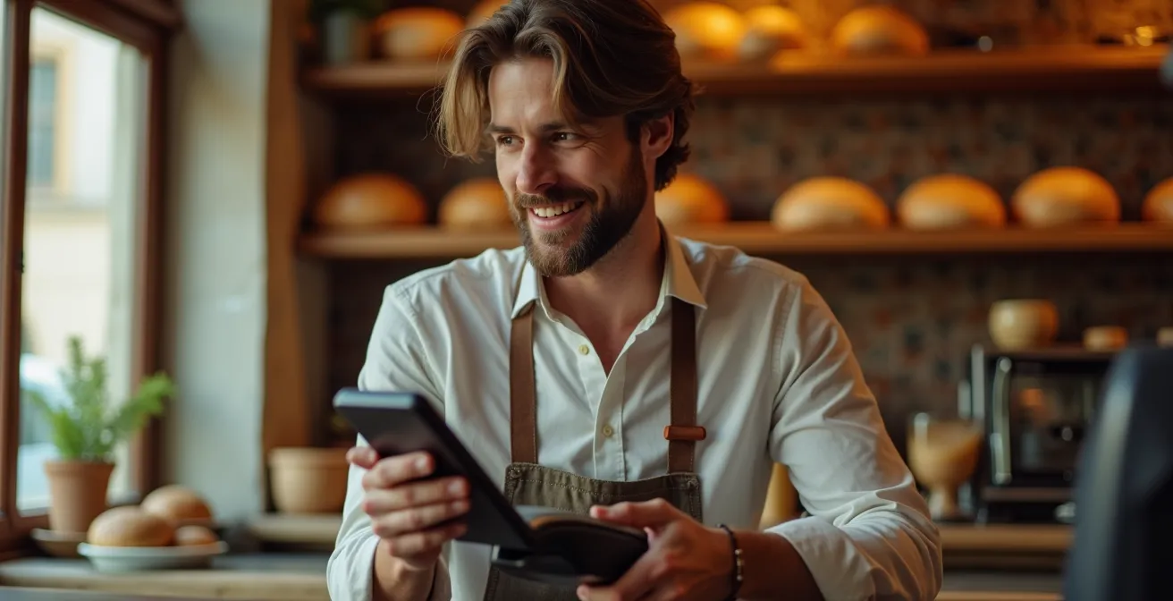 Commerçant français dans sa boutique avec terminal de paiement mobile moderne