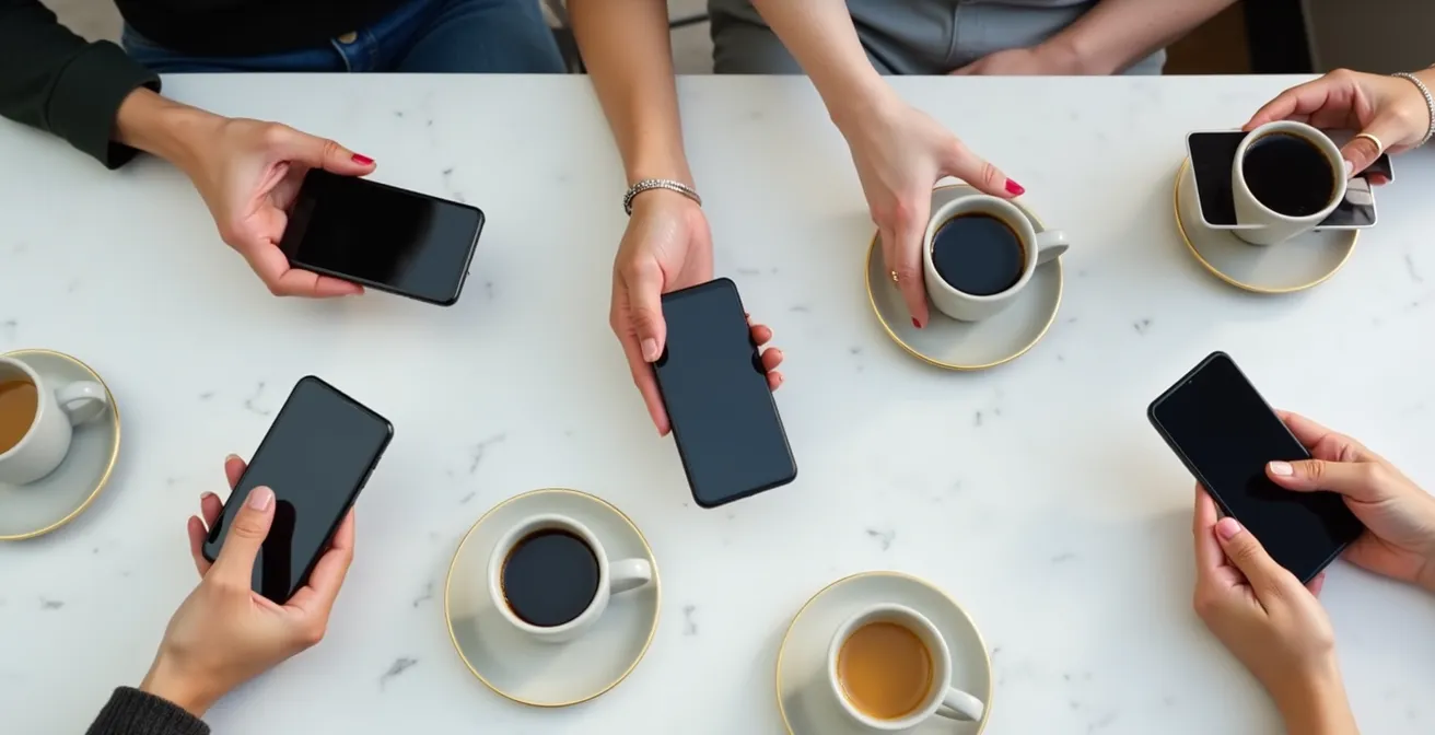 Mains tenant différents smartphones montrant des transferts d'argent entre amis