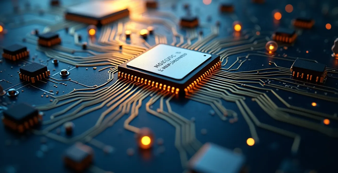 Vue macro détaillée d'un circuit électronique symbolisant la sécurité cryptographique