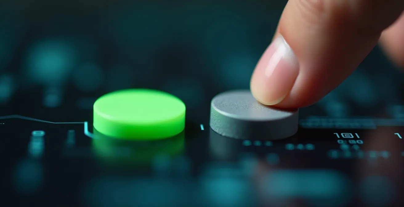 Gros plan sur une main hésitante au-dessus de boutons d'interface aux tailles trompeuses