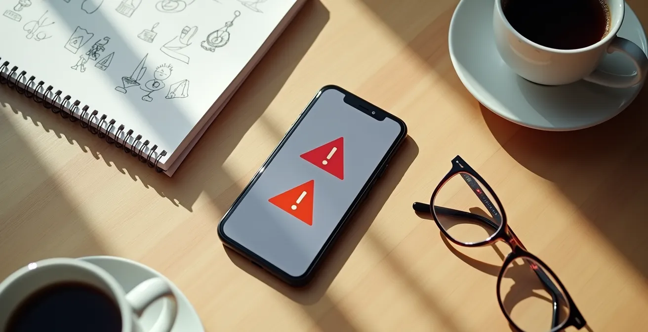 Vue en plongée d'un bureau avec smartphone montrant des symboles d'alerte et de sécurité