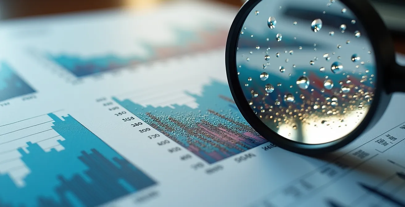 Gros plan macro sur des graphiques financiers abstraits avec une loupe révélant des motifs colorés