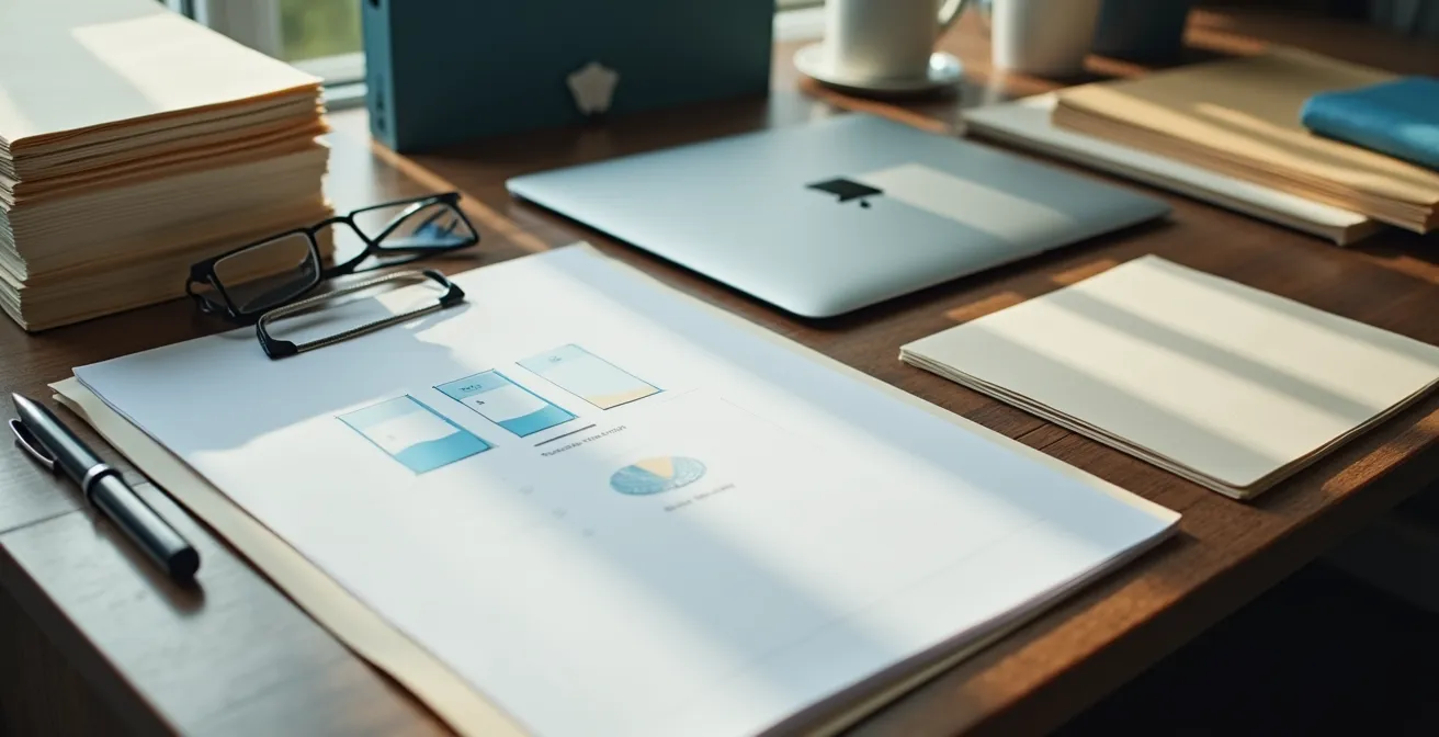 Vue aérienne d'un bureau organisé avec documents classés et ordinateur éteint