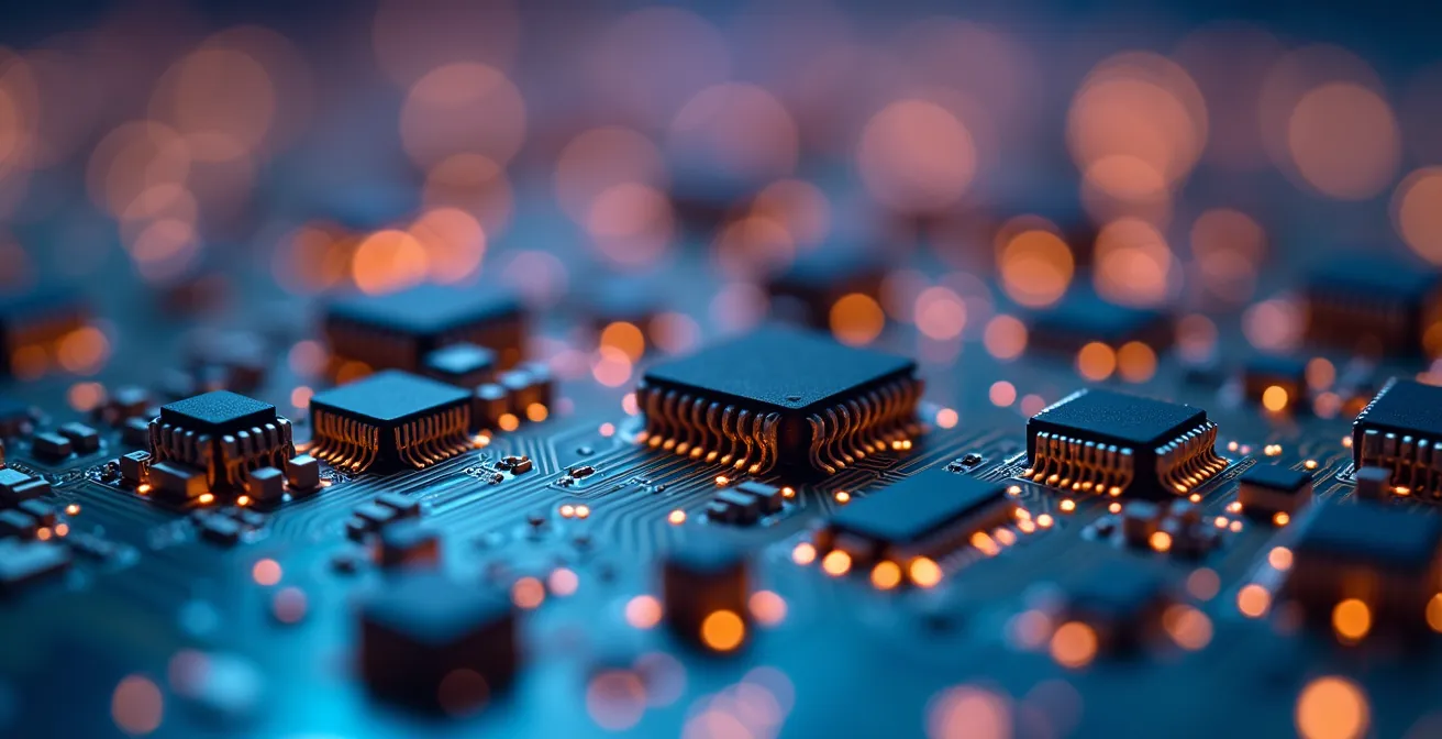 Macro photographie de circuits électroniques symbolisant l'interconnexion des services fintech