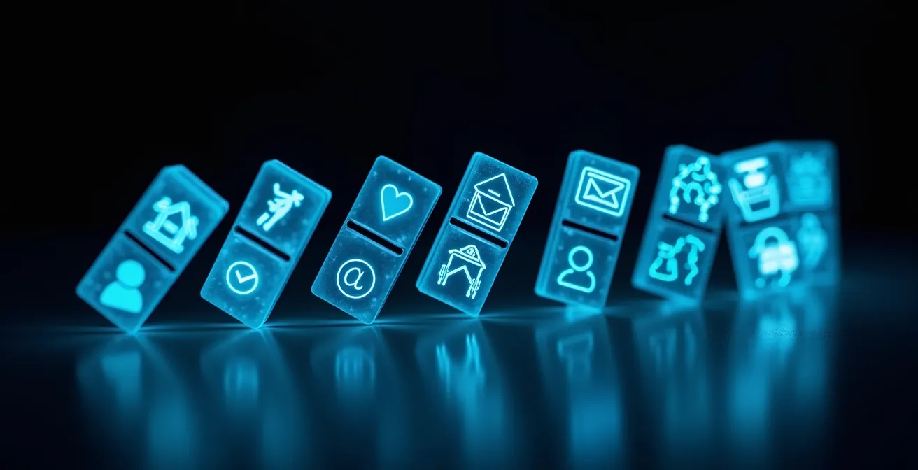 Dominos lumineux tombant en cascade représentant la propagation d'une cyberattaque