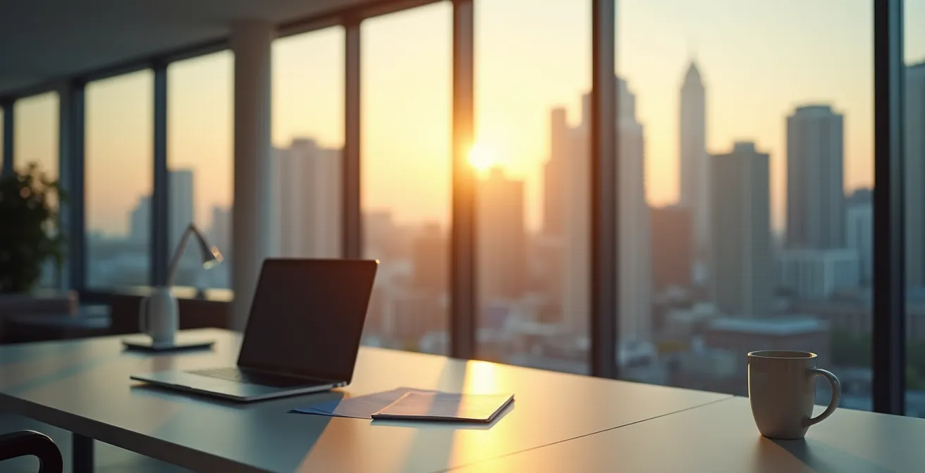 Espace de travail épuré avec vue panoramique urbaine suggérant l'analyse de données financières