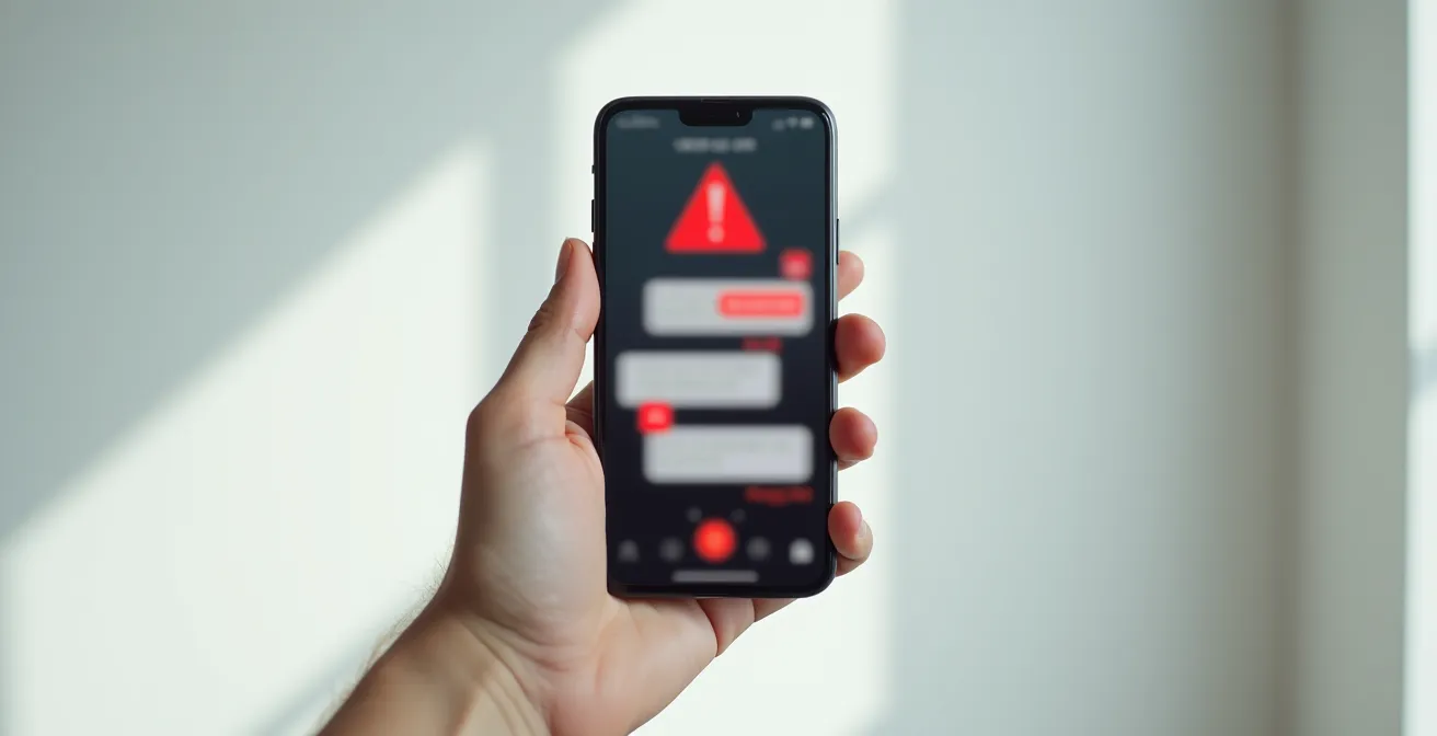 Smartphone montrant un message frauduleux flou avec des éléments d'alerte visuels