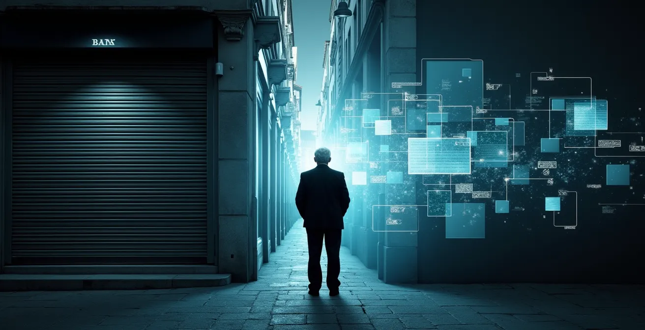 Contraste entre une agence bancaire fermée et des personnes isolées face au numérique
