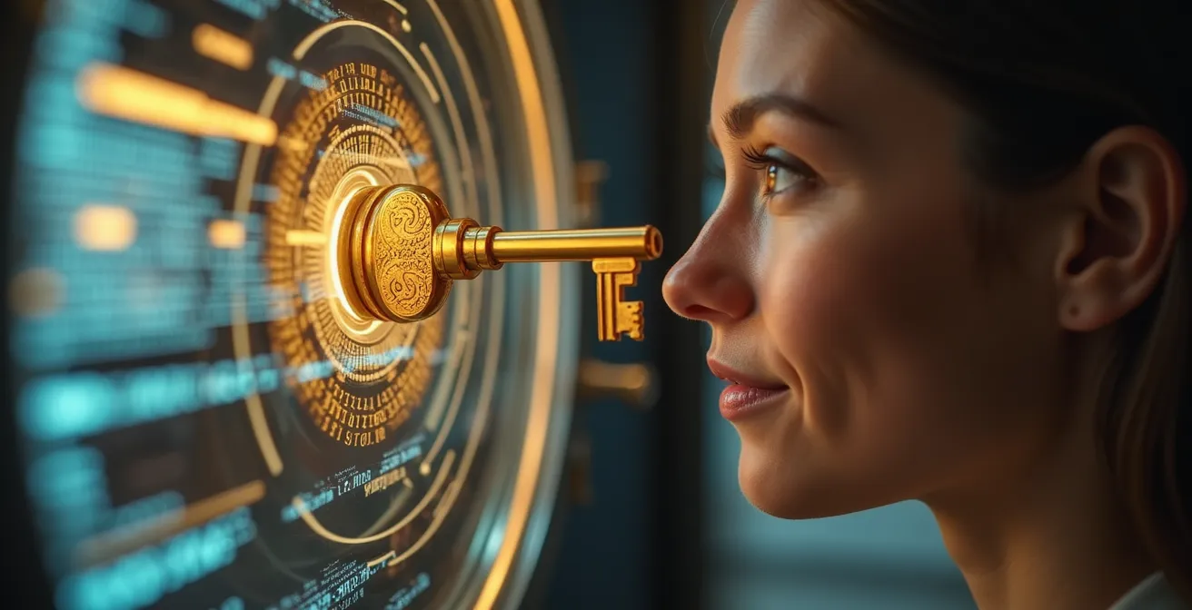 Main tenant une clé dorée devant un coffre-fort numérique transparent rempli de données cryptées