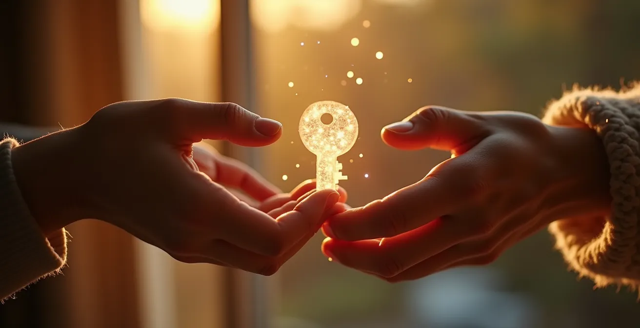 Mains passant symboliquement une clé numérique lumineuse entre générations dans un environnement moderne