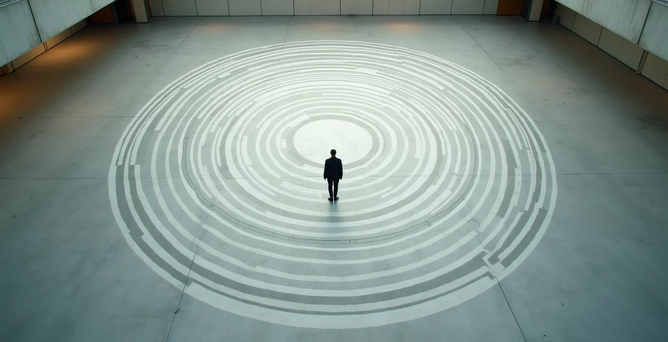 Représentation abstraite du parcours complexe pour joindre un conseiller bancaire