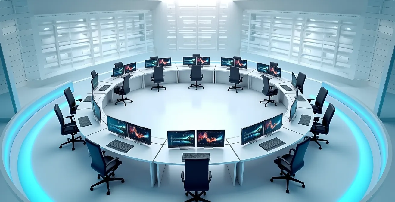 Salle de contrôle moderne avec écrans de données financières illustrant la supervision bancaire