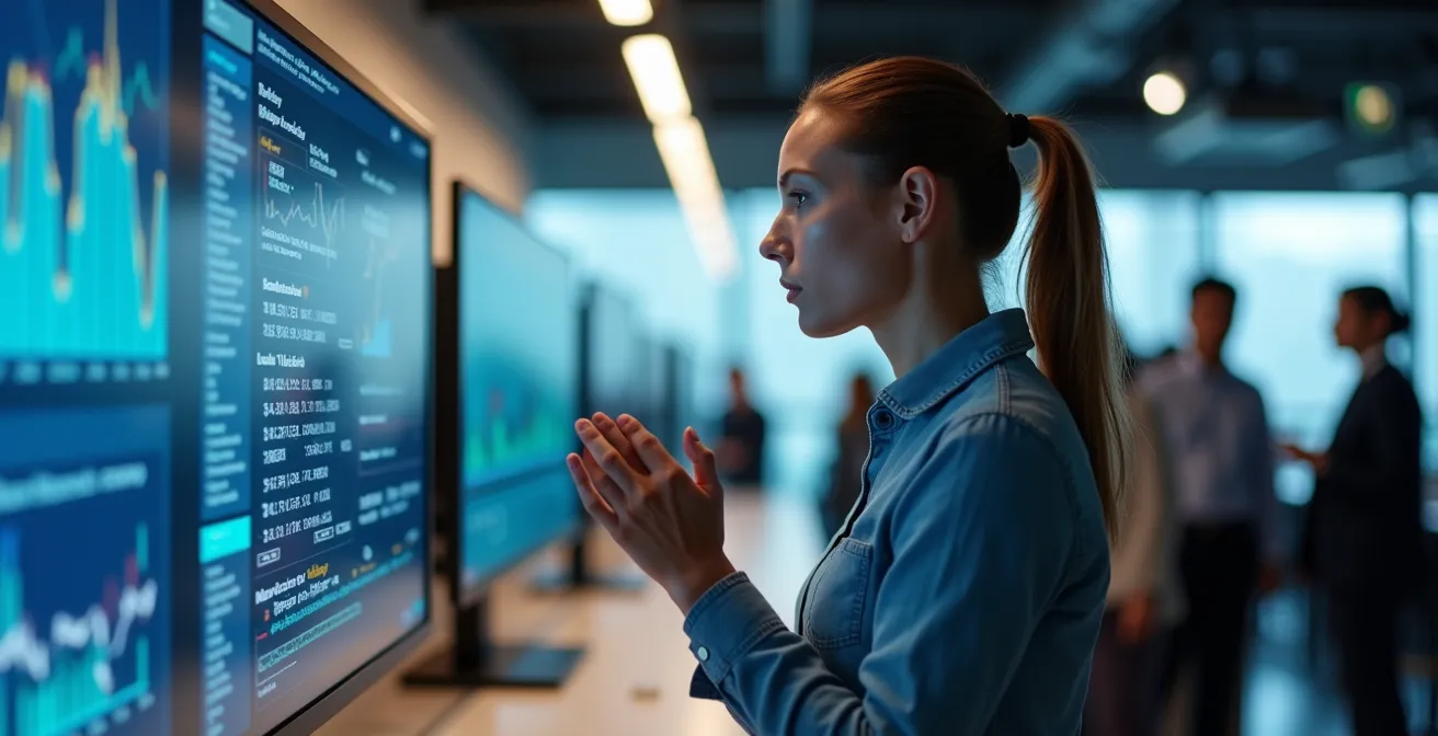 Portrait d'un Product Owner bancaire travaillant sur des interfaces digitales dans un environnement moderne