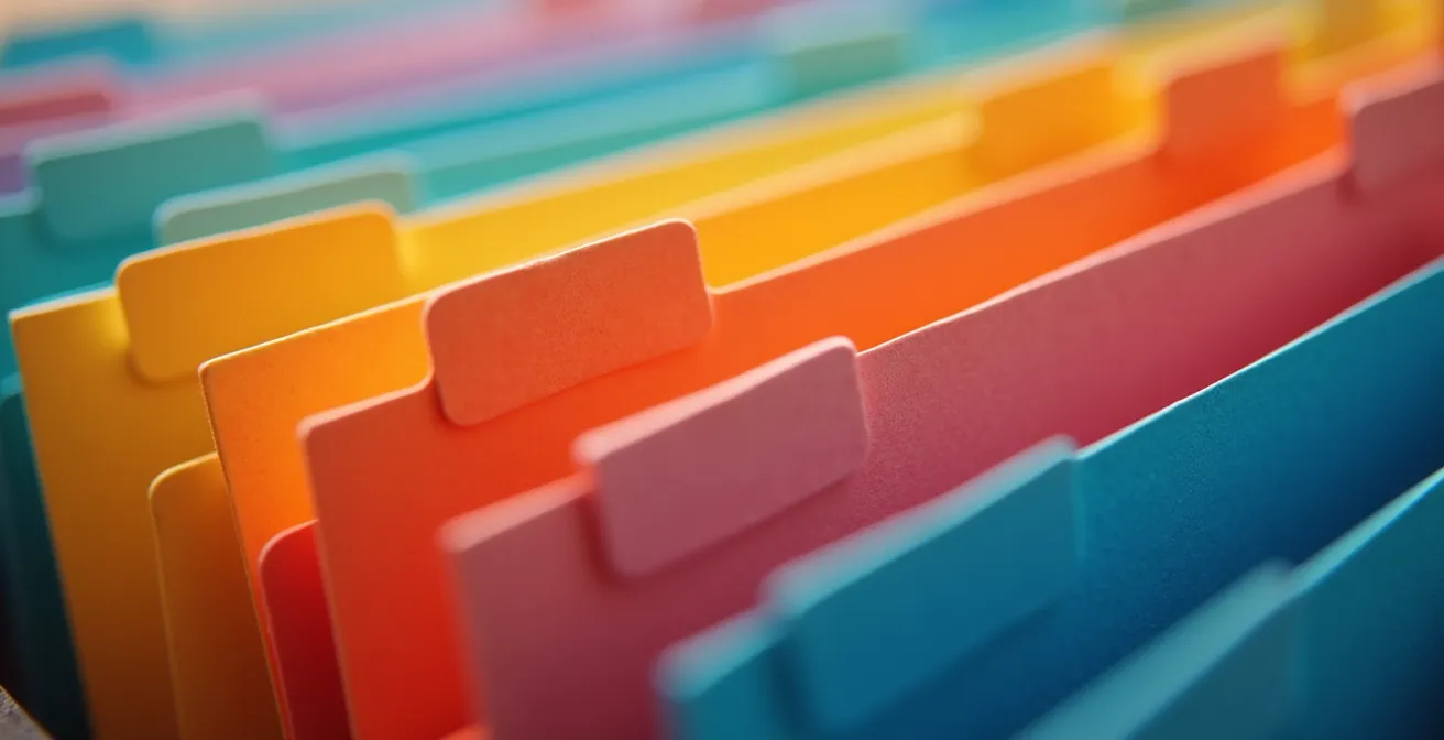 Vue macro d'une structure de dossiers numériques organisée avec codes couleur