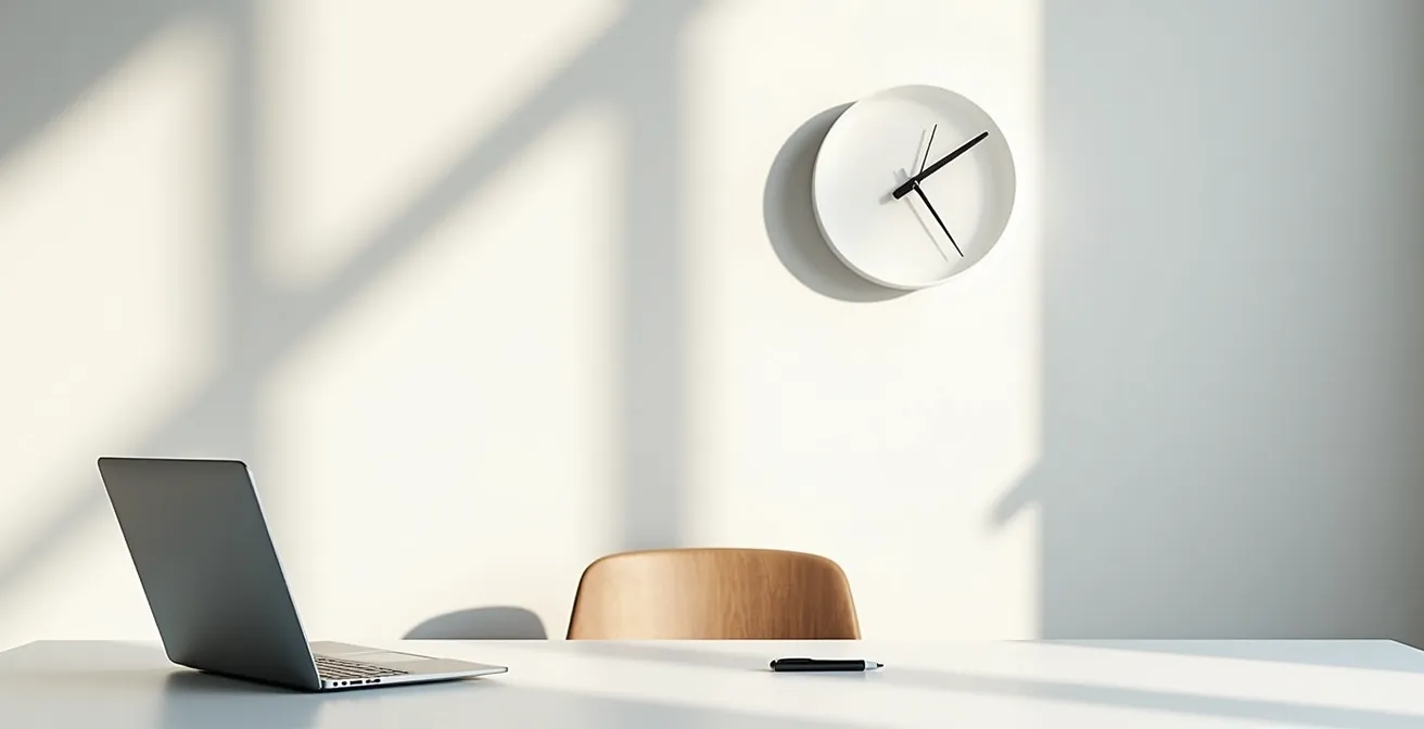 Vue minimaliste d'un espace de travail épuré avec une horloge suggérant le temps de réflexion nécessaire