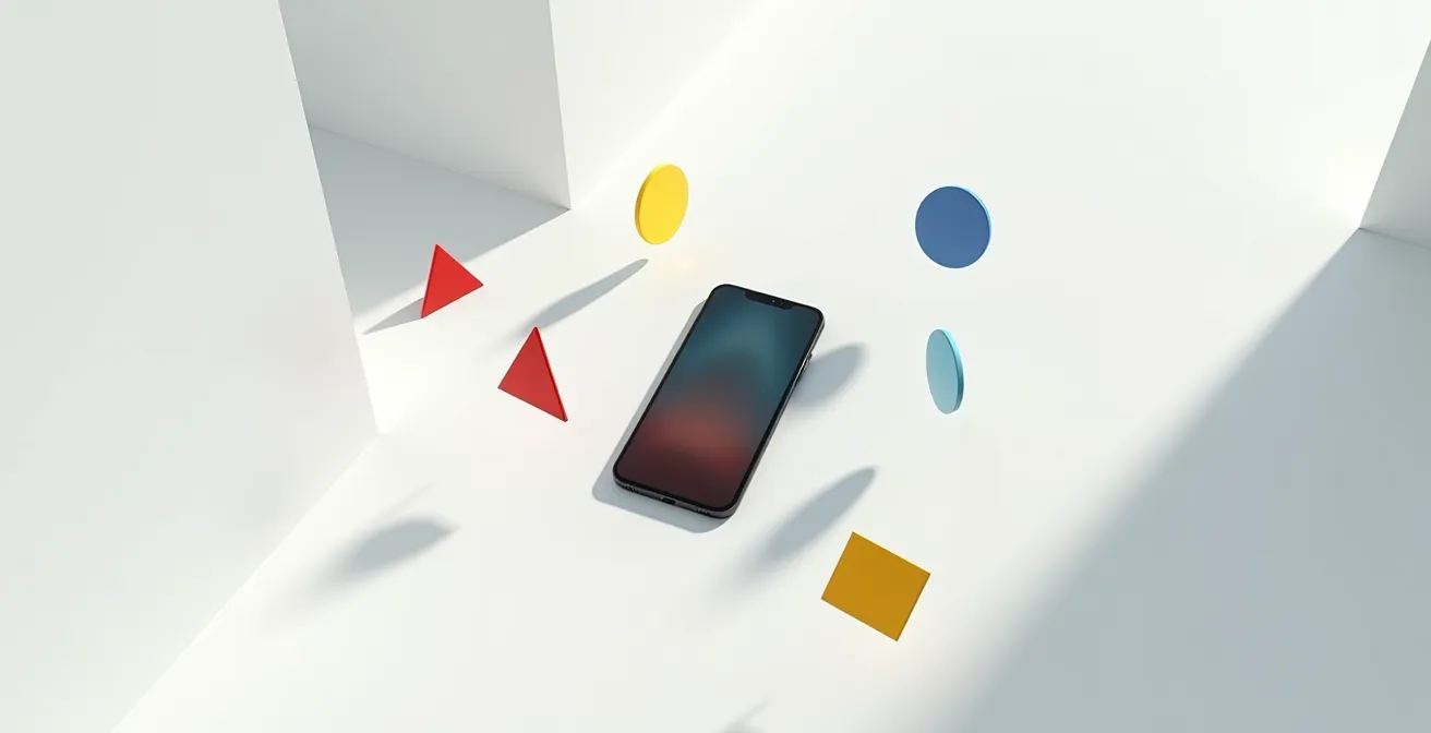 Composition artistique montrant des icônes abstraites flottantes représentant différentes permissions autour d'un smartphone