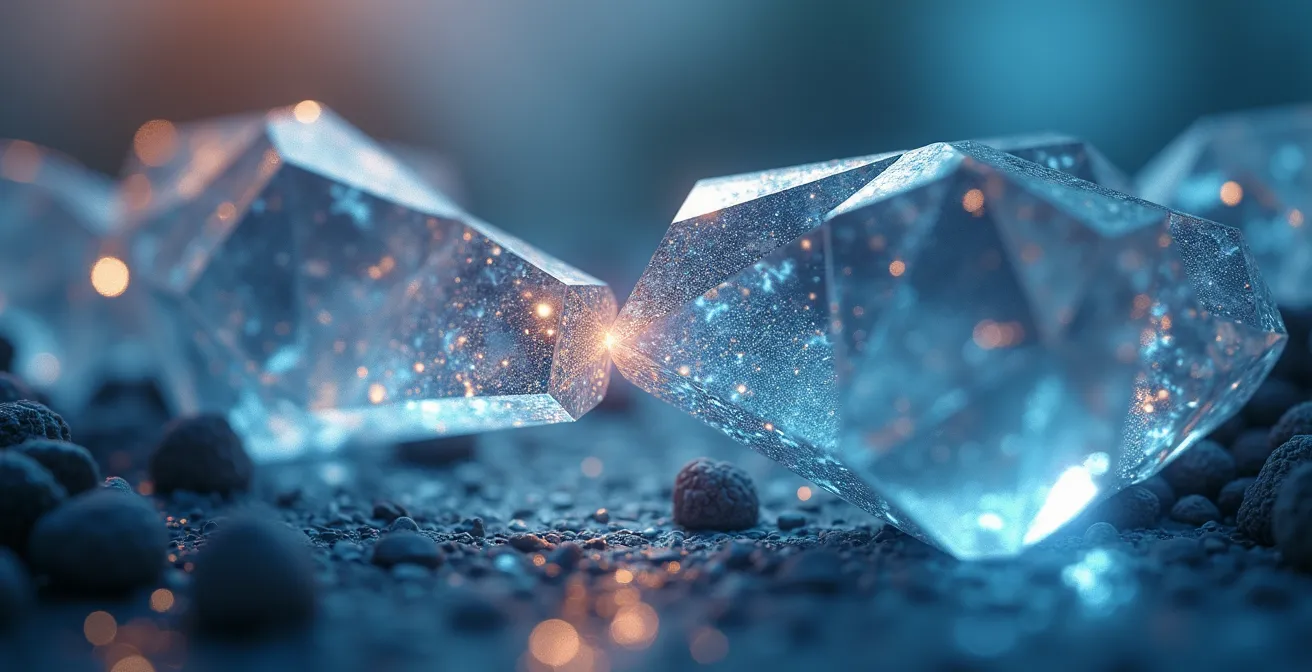 Vue macro de deux structures cristallines s'interconnectant représentant la négociation TLS entre navigateur et serveur