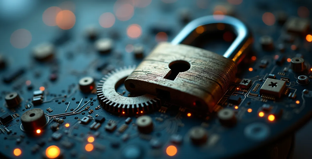 Gros plan sur une serrure numérique complexe avec multiple points de connexion