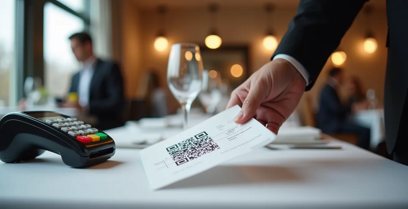 Serveur tenant une addition avec un code QR flou à côté d'un terminal de paiement moderne