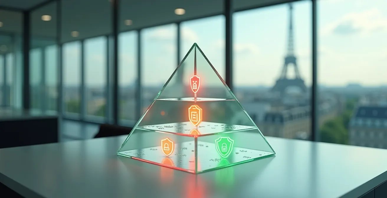 Une pyramide en verre transparent avec trois niveaux distincts représentant la hiérarchie des comptes numériques à sécuriser