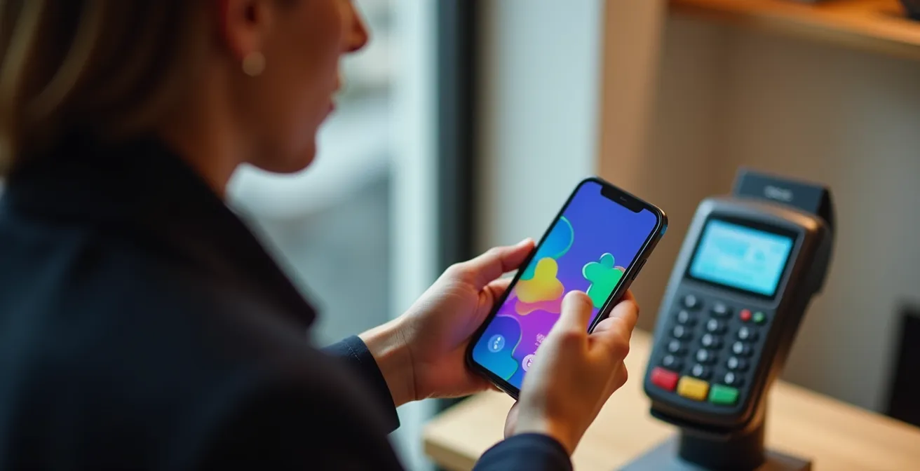Personne consultant son téléphone avant un paiement dans un commerce, avec une ambiance contemplative