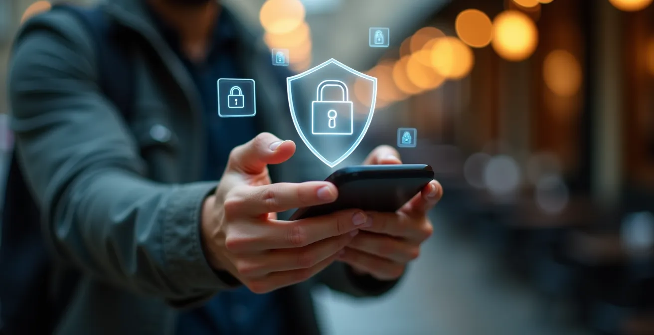 Main tenant un smartphone avec écran éteint, des icônes de sécurité flottantes symbolisant l'activation d'un VPN et la vérification du réseau avant connexion.
