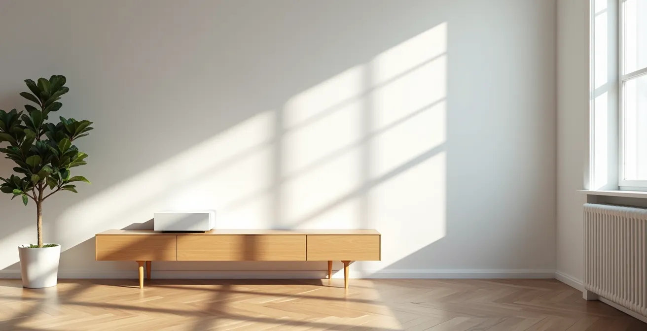 Vue minimaliste d'un salon français moderne avec box Internet et ondes Wi-Fi représentées de manière artistique