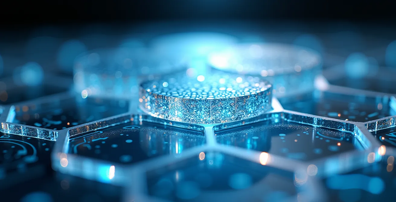 Vue macro de couches de protection transparentes avec textures cristallines représentant la sécurité numérique