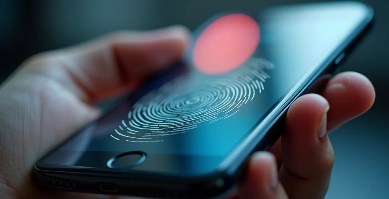 Gros plan sur une main tenant un smartphone avec représentation abstraite des permissions d'applications