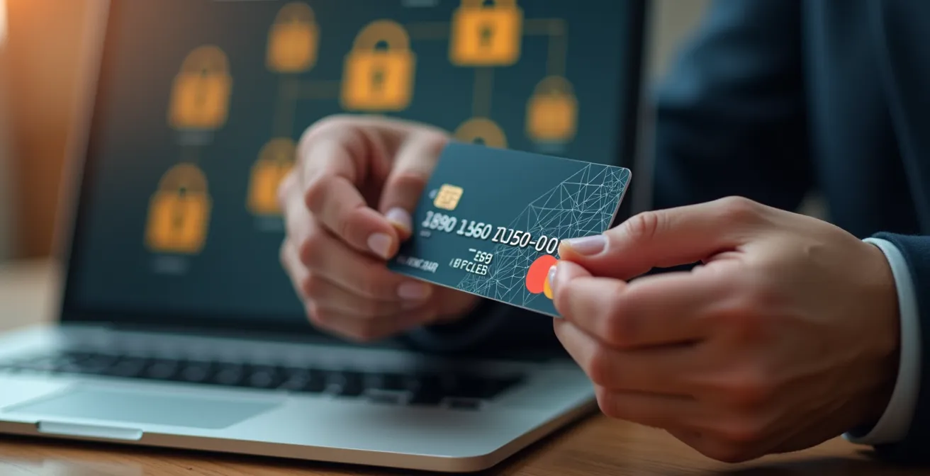 Mains tenant une carte bancaire floutée avec ordinateur portable en arrière-plan montrant un cadenas symbolique