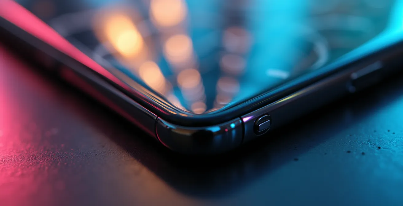 Photo macro d'un smartphone montrant des reflets abstraits suggérant la géolocalisation