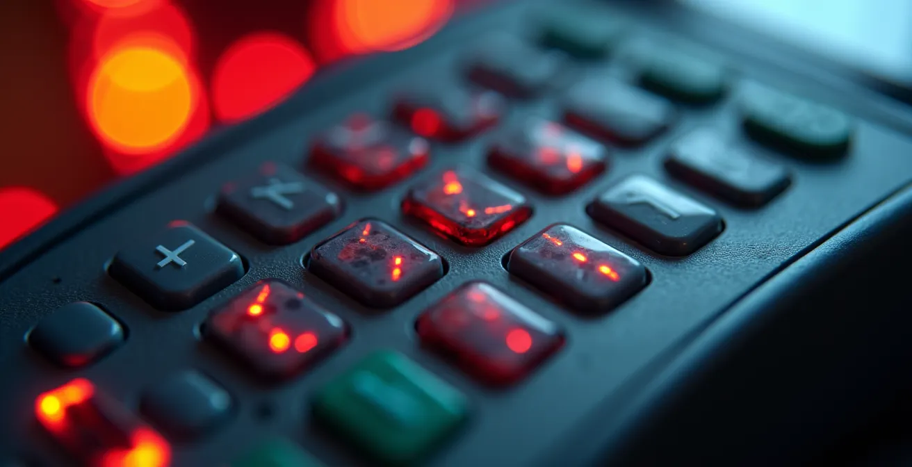Gros plan sur un terminal de paiement avec des indicateurs LED rouges symbolisant un refus