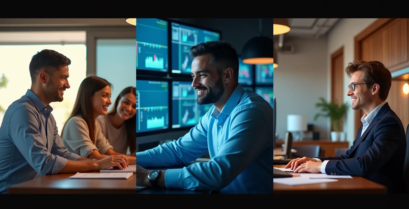 Portraits de trois professionnels bancaires dans leurs environnements de travail respectifs