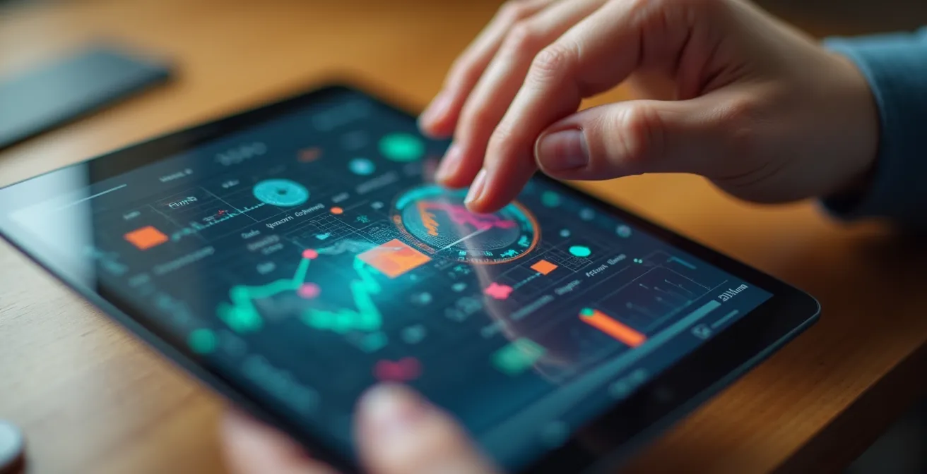 Mains naviguant sur une tablette avec des graphiques abstraits représentant une vérification d'entreprise